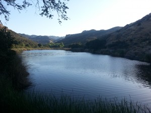 Santa Monica mountains surrounding a small laked